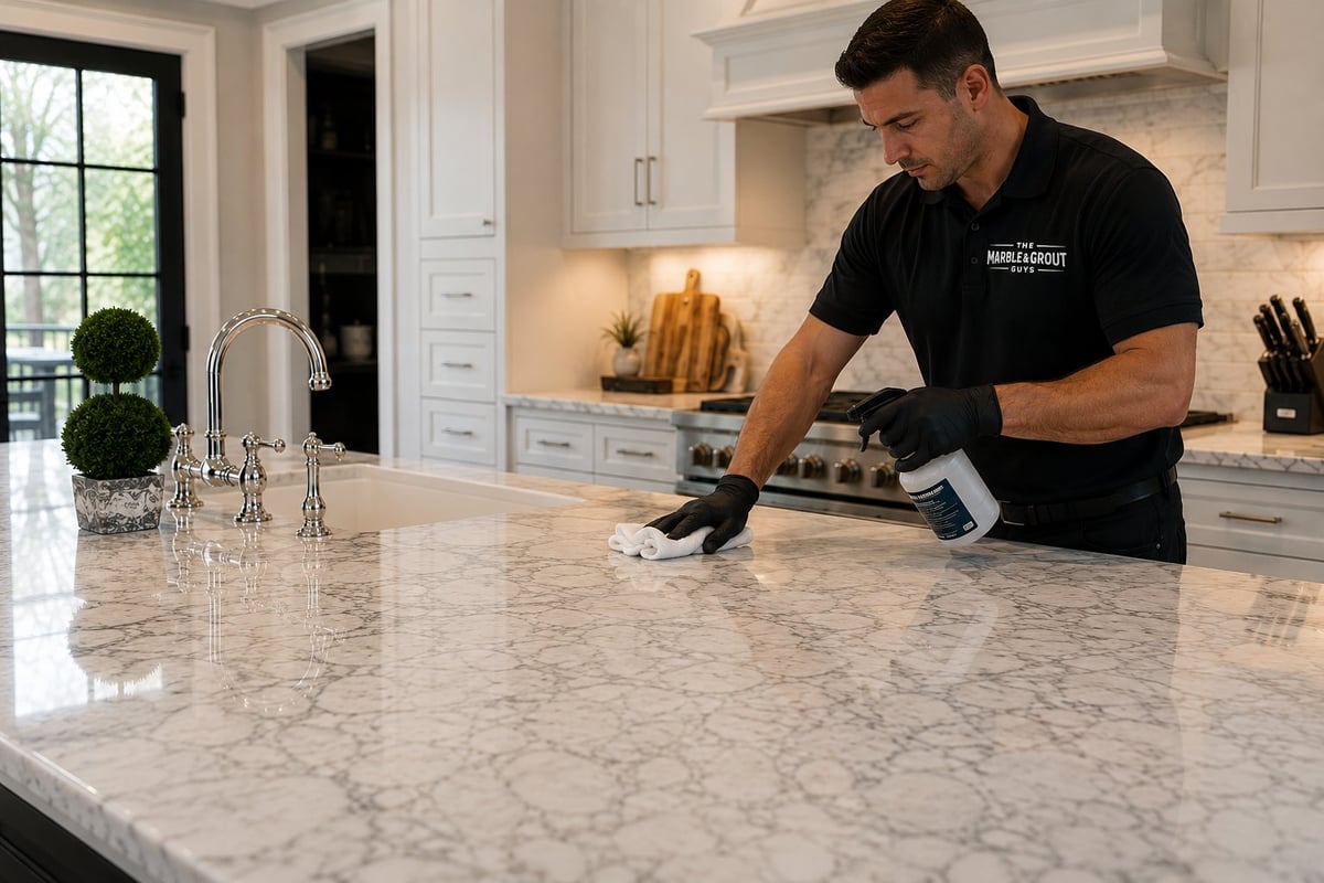 The Marble and Grout Guys technician sealing a marble kitchen countertop in a modern white kitchen